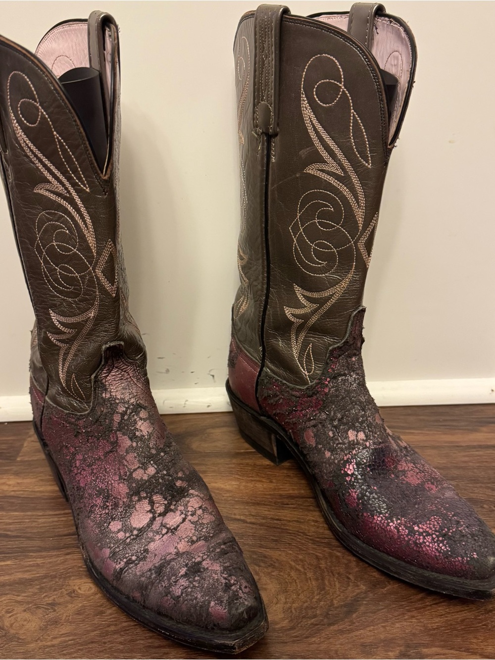 Lucchese Women’s Brown & Pink Distressed Western Cowboy Boots